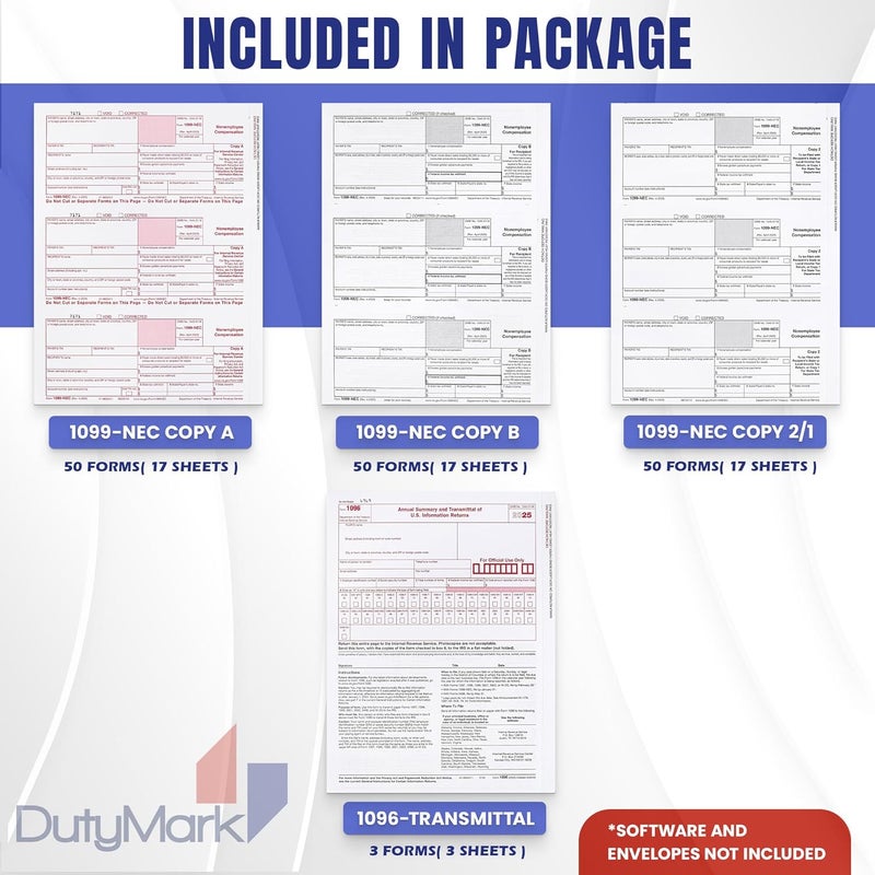 Dutymark 1099 NEC Forms 2025, 50 Pack 3 Part Laser Tax Forms Kit Pack of Federal/State Copy's, 1096's. Great for QuickBooks and Accounting Software, 2025, 1099-NEC 50 Pack - Image 2